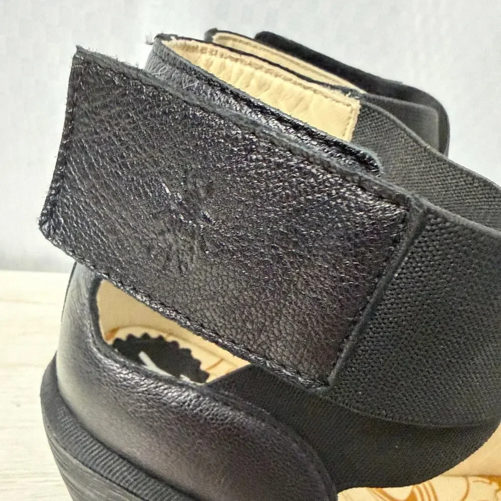Fly London Yefi Wedge Sandals Womens Size 8 Black Leather YEFI473FLY 39